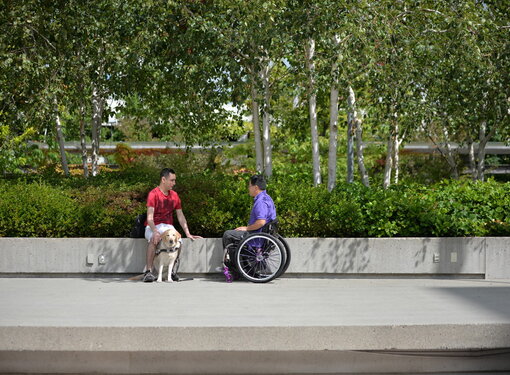 Man with seeing eye dog sits next to man using a wheelchair in a public park on a sunny day