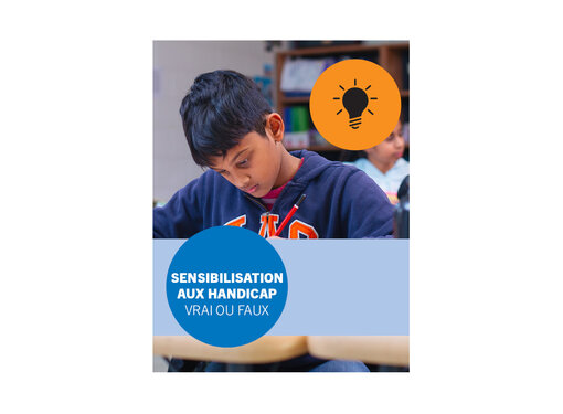 Elementary aged boy with black hair and wearing a blue navy sweater sitting in class, looking down and working on an assignment. Title text says "Sensibilisation aux handicaps – vrai ou faux (activité à réaliser après la présentation)"