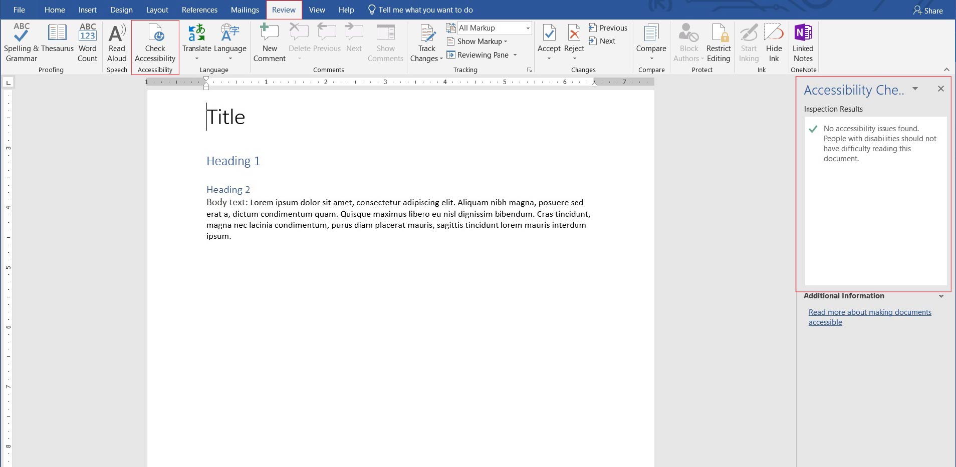 An example of the Accessibility Checker function in Microsoft Word. It is on the right side of the page. The example page is demonstrating the various heading options.