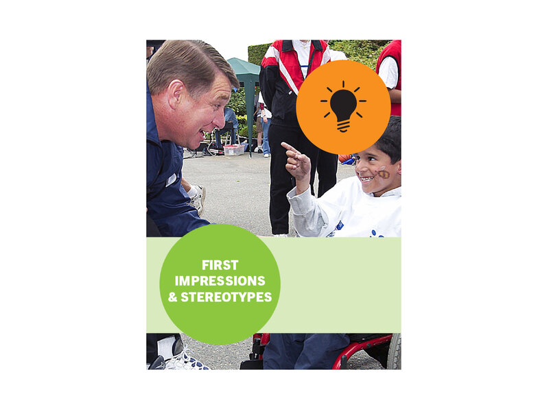 Rick Hansen and a young boy in a wheelchair smiling at each other, title text says "First Impressions and Stereotypes"