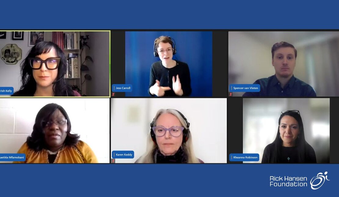 Zoom screenshot of four panelists, one moderator and an ASL interpreter. The background is blue and there is a white Rick Hansen Foundation logo in the bottom right corner.