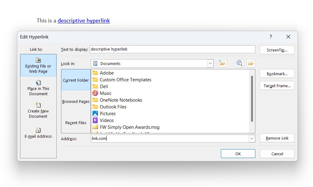 Example of a descriptive hyperlink in Microsoft Word. The example says This is a descriptive hyperlink. 