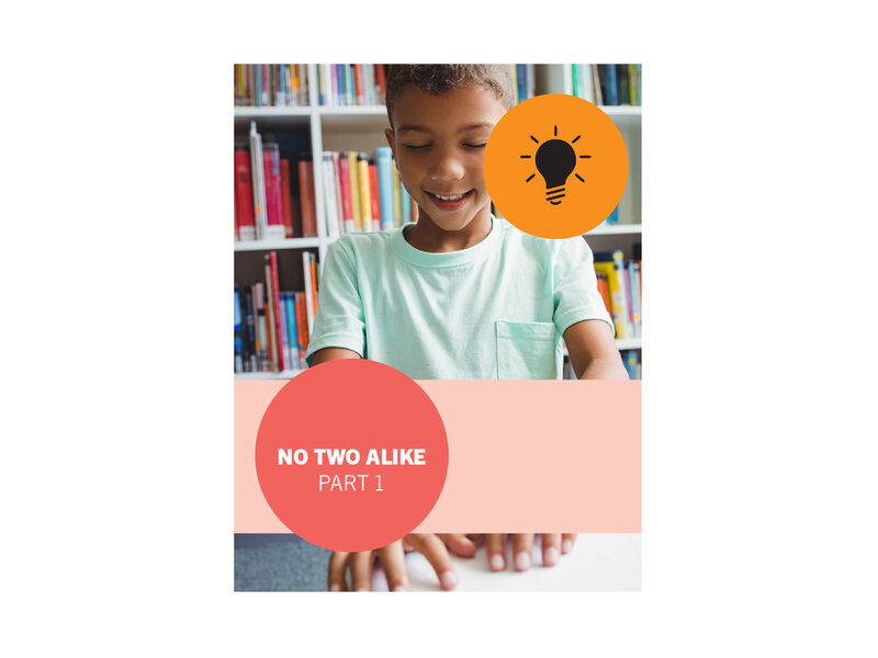 Boy smiles and reads braille in a library, circle with a lightbulb illustration, title says 'no two alike part one'