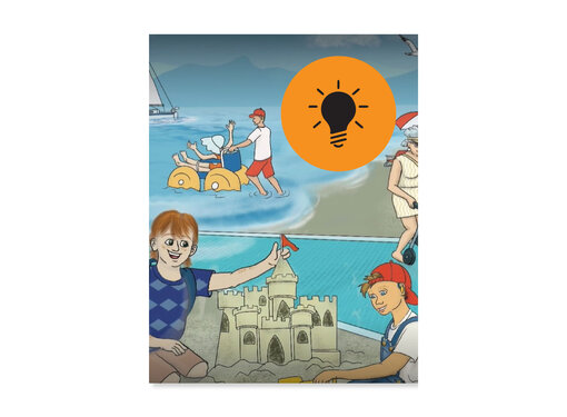 illustrated children build a sandcastle on a beach. In the background, a man is pushing a woman in a beach wheelchair in shallow water. And older lady also walks up the beach on a beach mat.