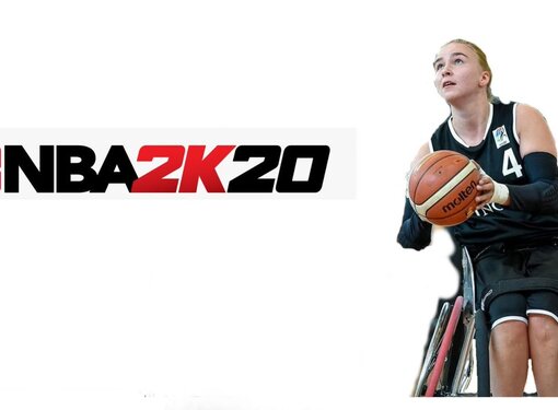 An reimagined advertisement for NBA2K20 featuring a female wheelchair basketball player