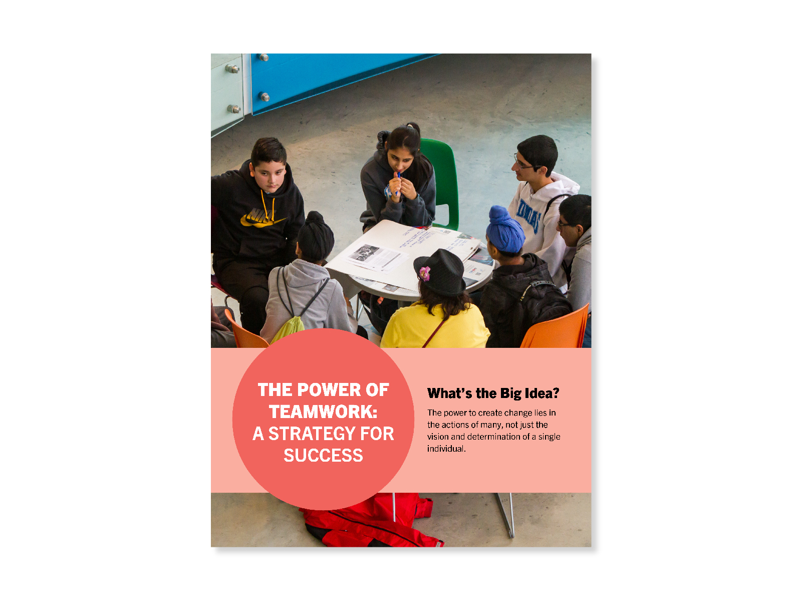 Photo of a group of 7 high school students sitting at a circular table, working together on a poster. Cover for "The Power of Teamwork" lesson.