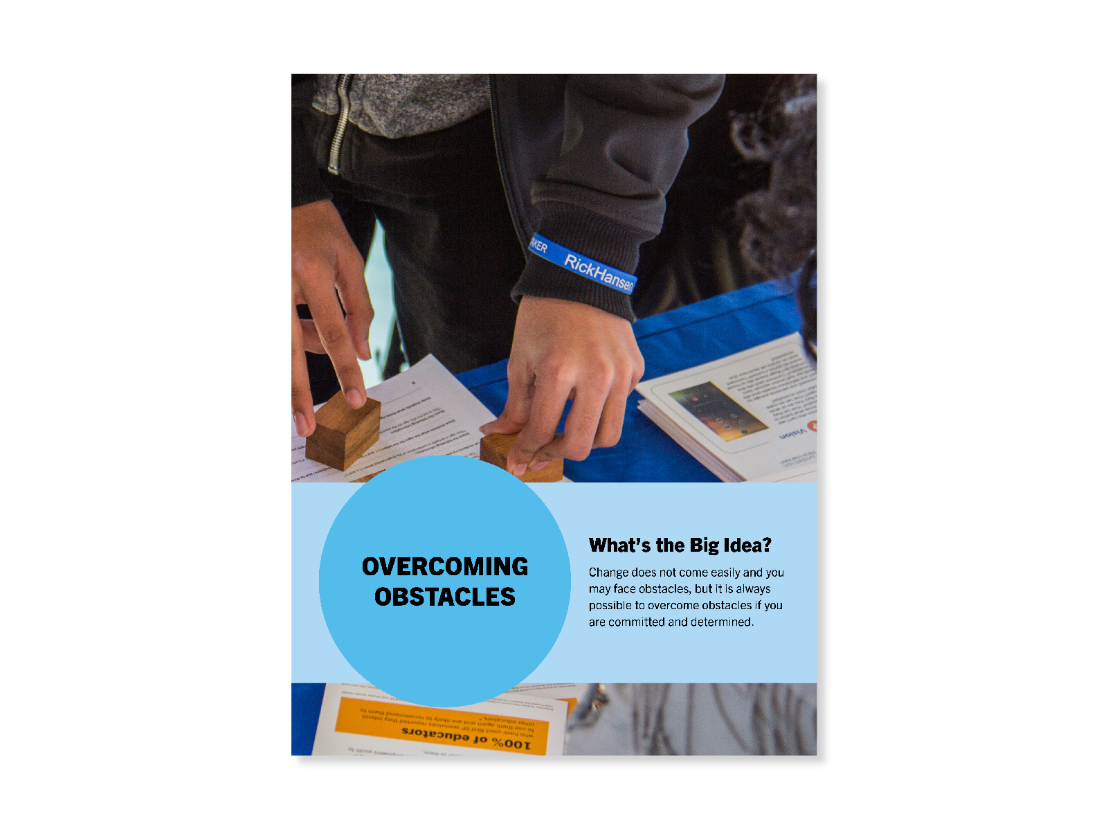 Close up photo of two students' hands as they work on a tactile wooden puzzle block activity. Cover for "The Power of Teamwork" lesson.